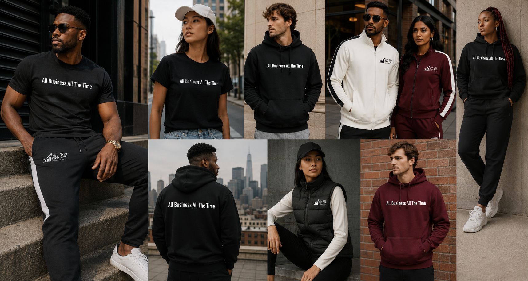 A collage of models wearing the All Biz Apparel collection in city settings